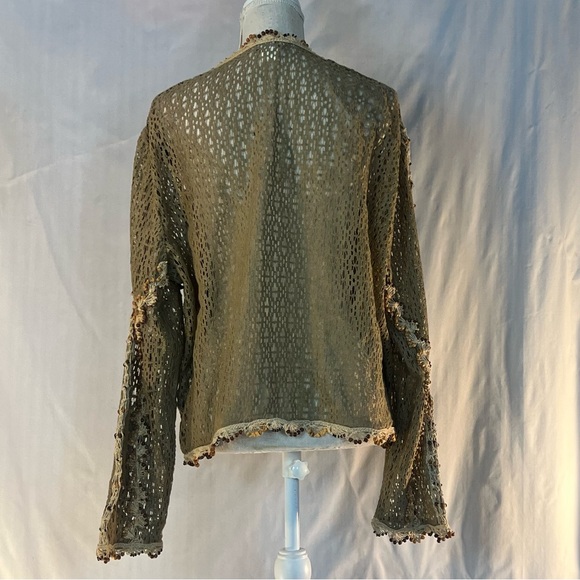 Jessica London Boho Beaded Cardigan Tan & Brown Long Sleeves Cotton Tie Front XL - Picture 8 of 9